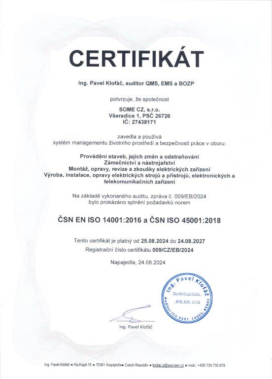 Certifikát ČSN EN ISO 14001, ČSN ISO 45001